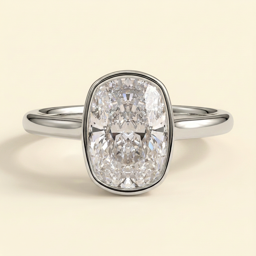 The Bella - Elongated Cushion Cut Lab Grown Diamond Solitaire Ring with Bezel Hidden Halo
