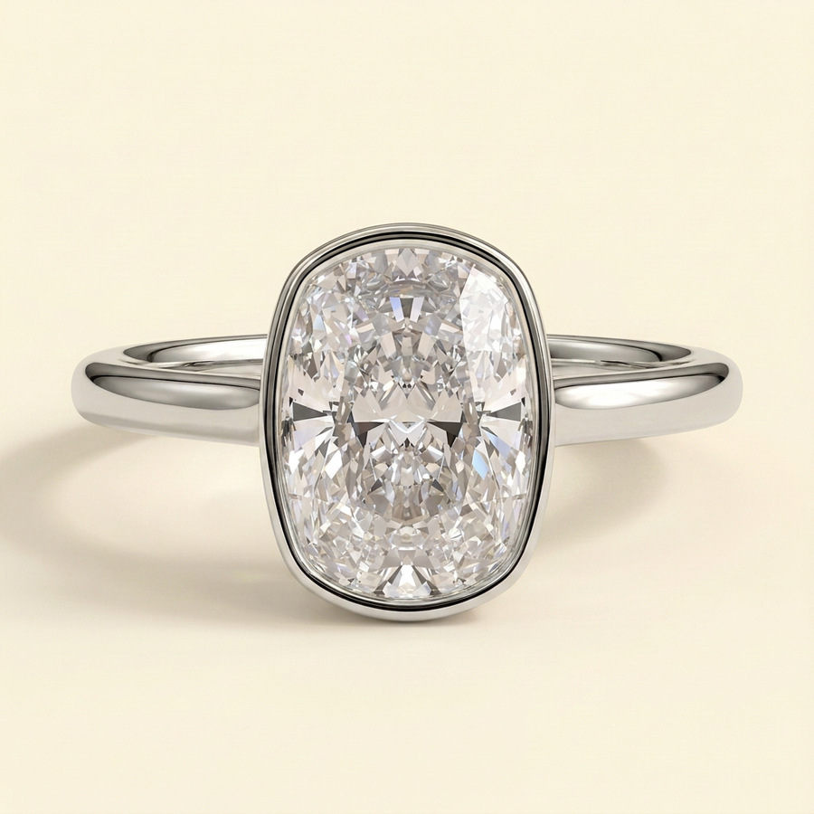 The Bella - Elongated Cushion Cut Lab Grown Diamond Solitaire Ring with Bezel Hidden Halo - White Gold