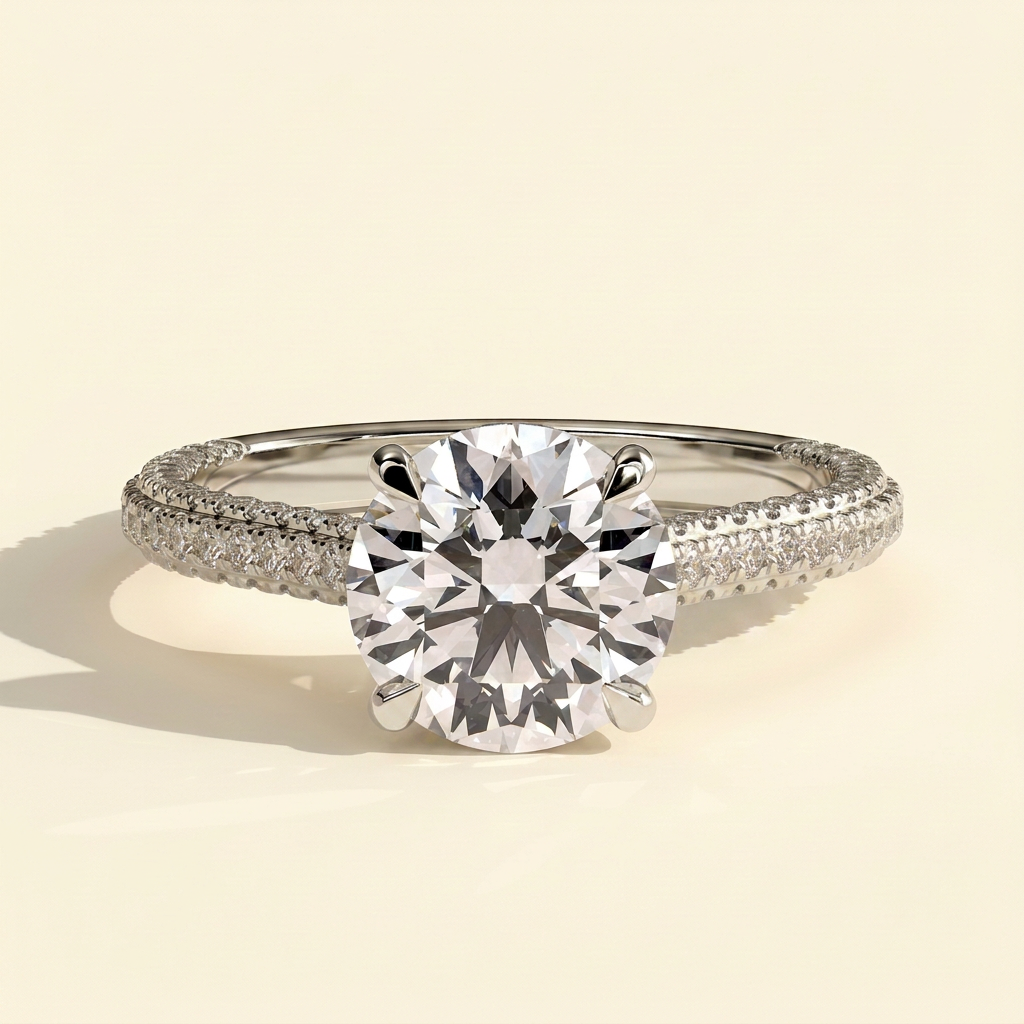 The Perla - Round Cut Lab Grown Diamond Solitaire with Hidden Halo and Cathedral Setting Ring