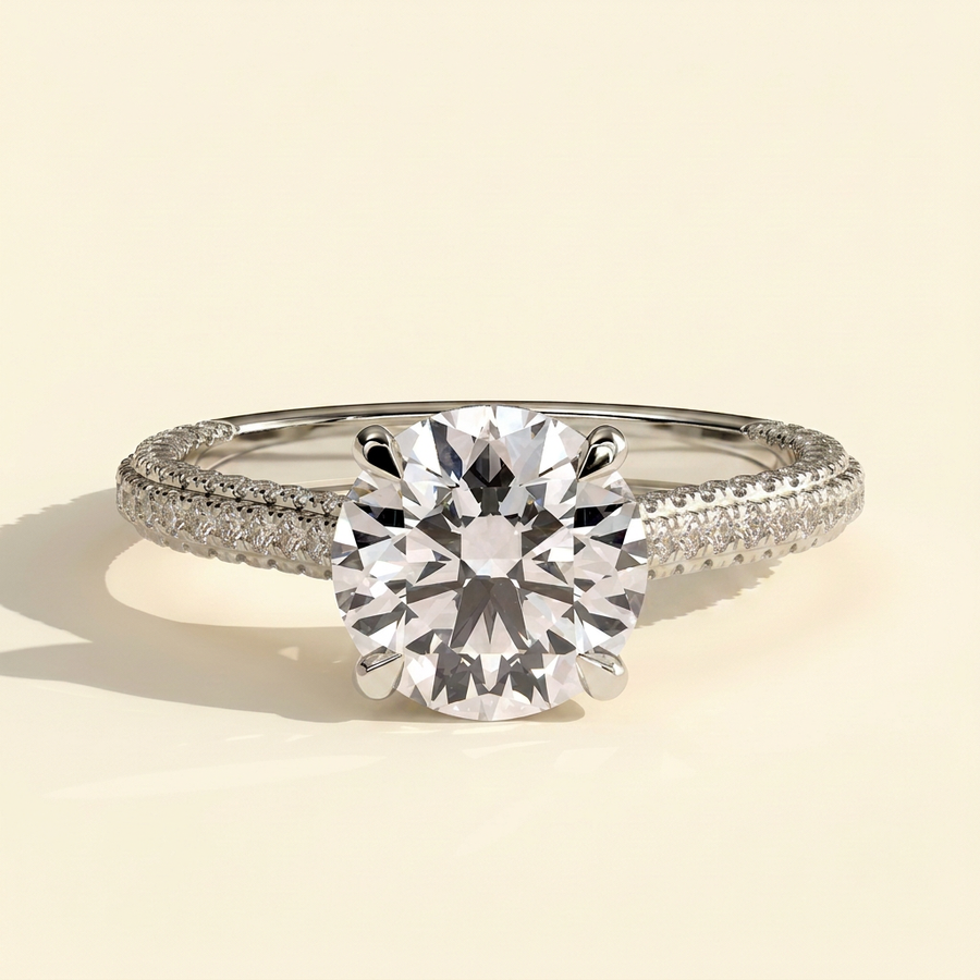 The Perla - Round Cut Lab Grown Diamond Solitaire with Hidden Halo and Cathedral Setting Ring - White Gold