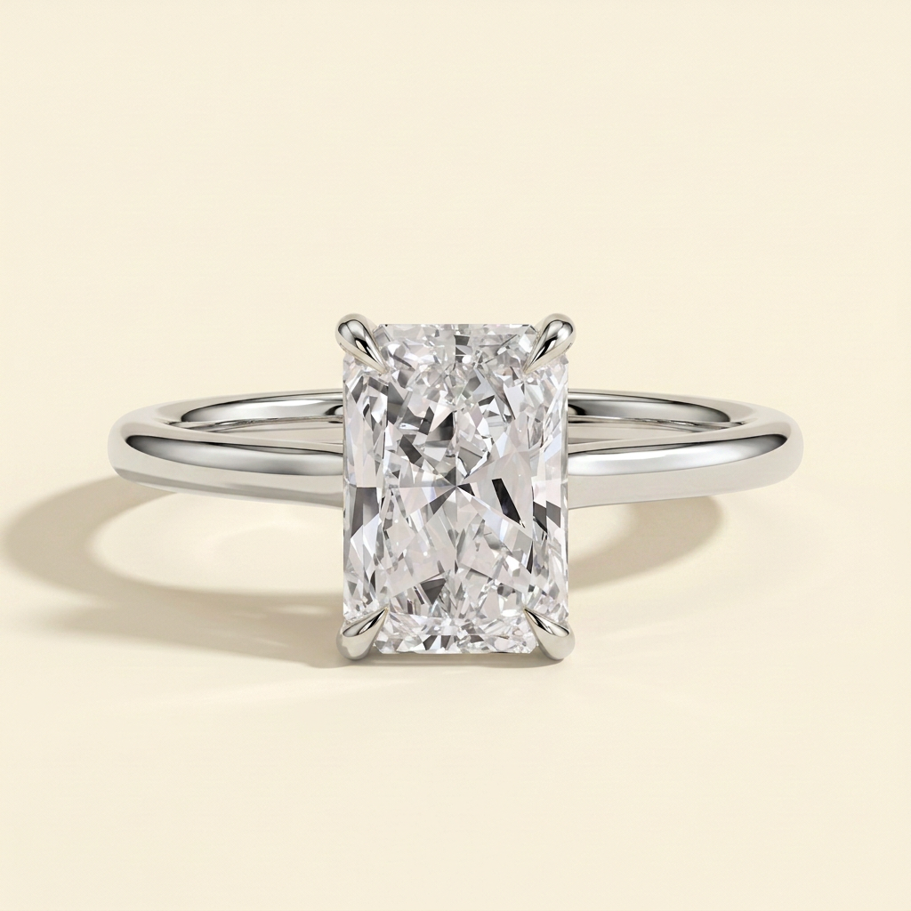 The Ersa - Radiant Lab Diamond Solitaire with Cathedral Setting and Open Trellis Gallery Ring