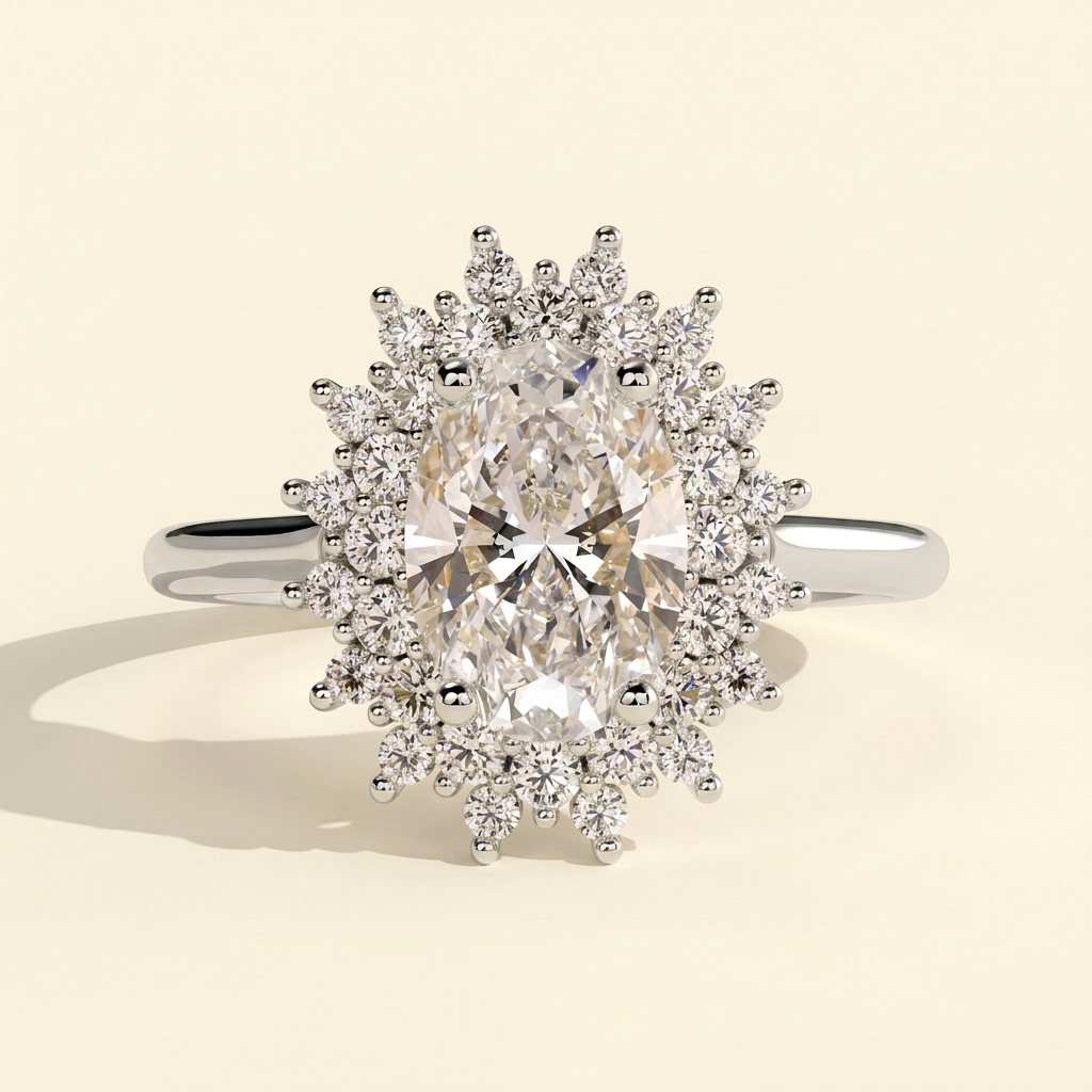 The Lucida - Oval Cut Lab Grown Diamond Double Sunburst Halo Engagement Ring with Cathedral High Setting
