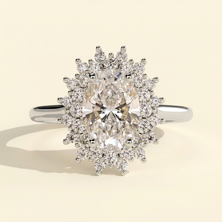 The Lucida - Oval Cut Lab Grown Diamond Double Sunburst Halo Engagement Ring with Cathedral High Setting - White Gold