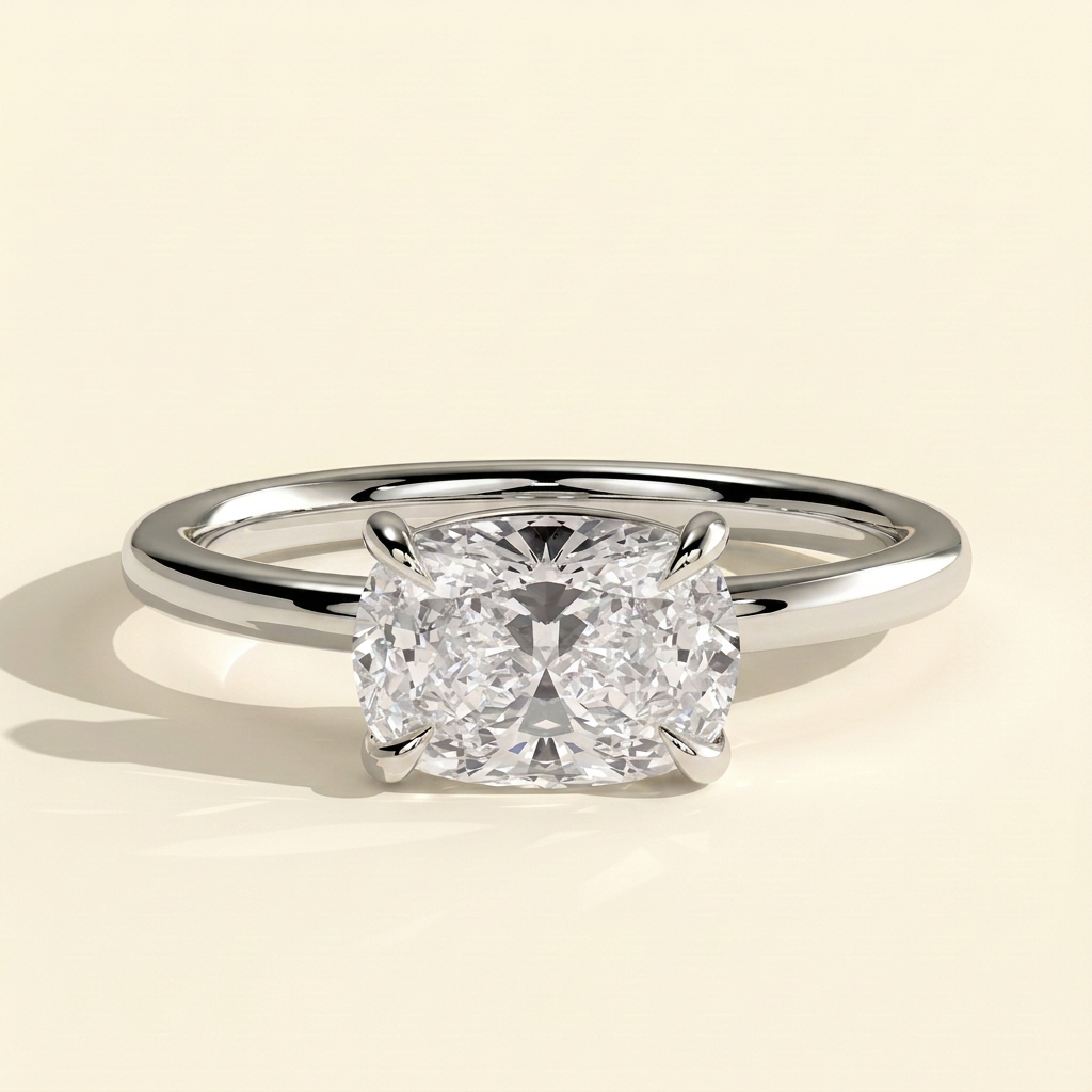 The Veluna - Elongated Cushion Cut Lab Grown Diamond East West Solitaire Ring with Scooped Basket