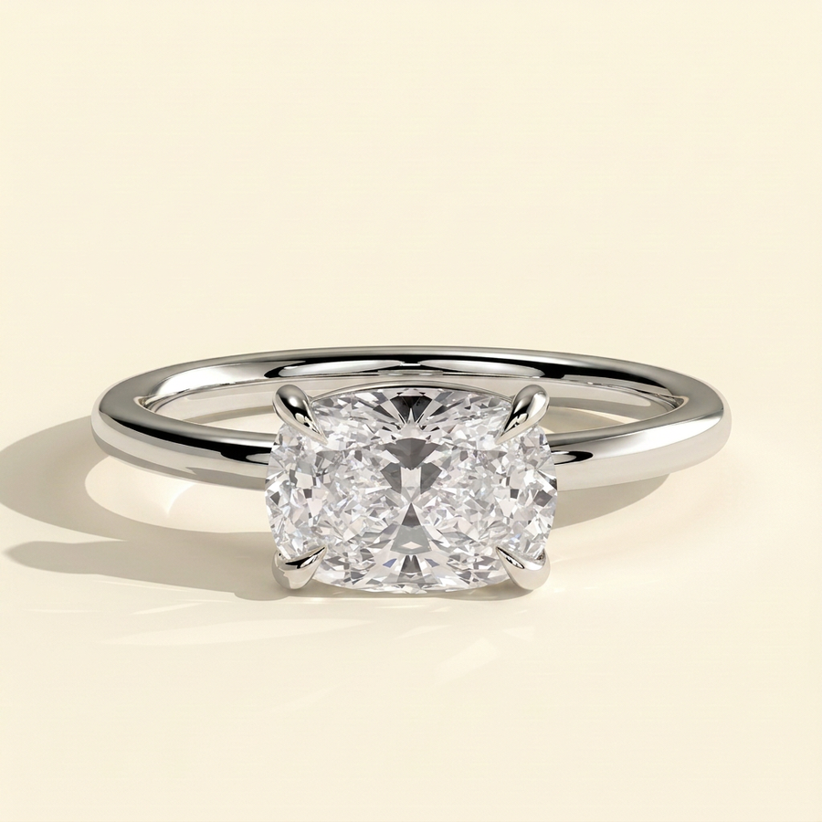 The Veluna - Elongated Cushion Cut Lab Grown Diamond East West Solitaire Ring with Scooped Basket - White Gold