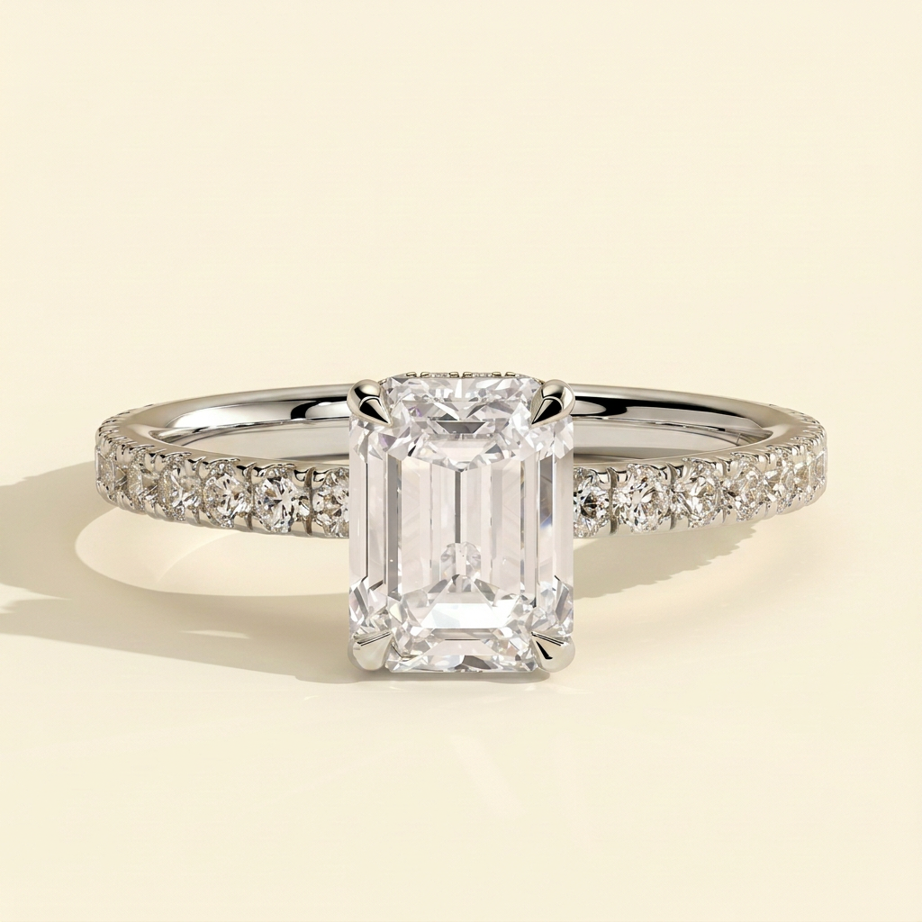 The Priel - Emerald Cut Lab Grown Diamond Solitaire with Wrap Around Hidden Halo Engagement Ring