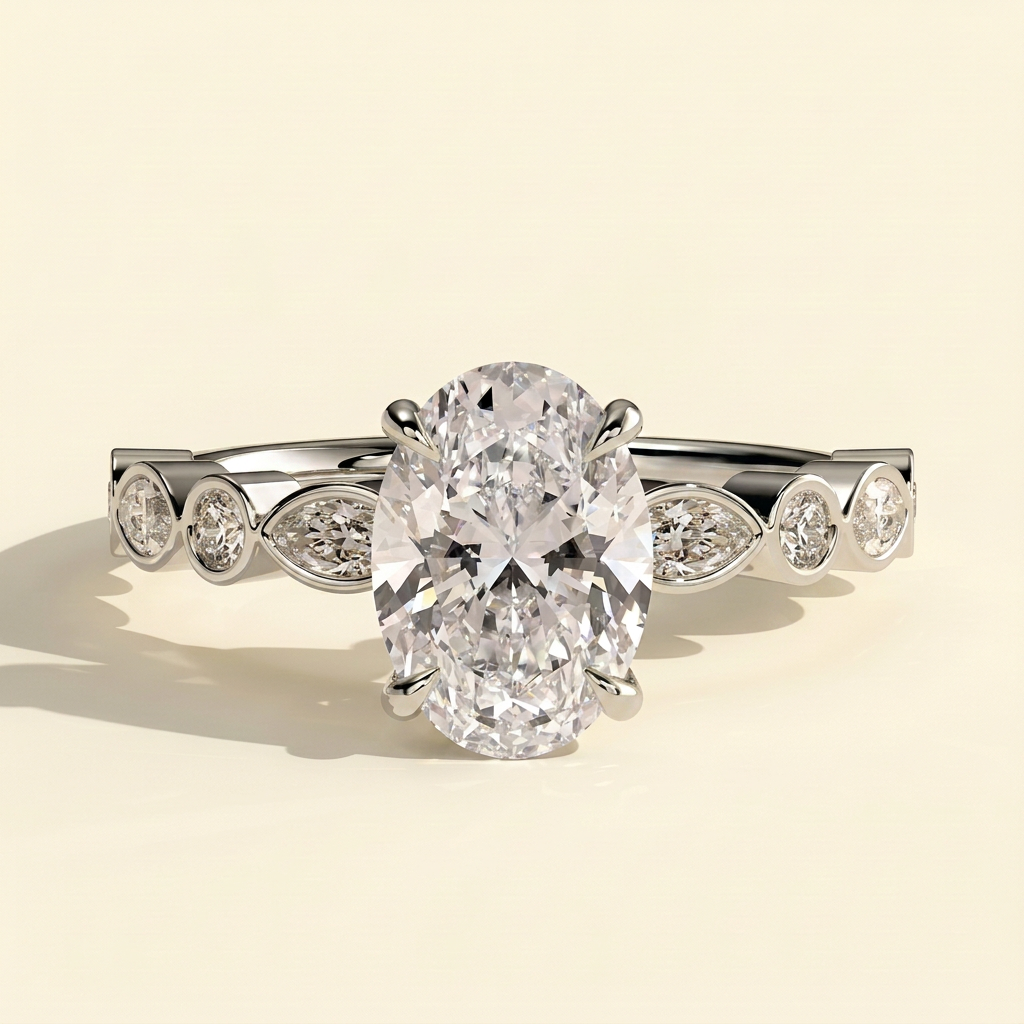 The Selina - Oval Cut Lab Grown Diamond Four Claw Solitaire with Bezel Set Round and Marquise Accent Stones Engagement Ring