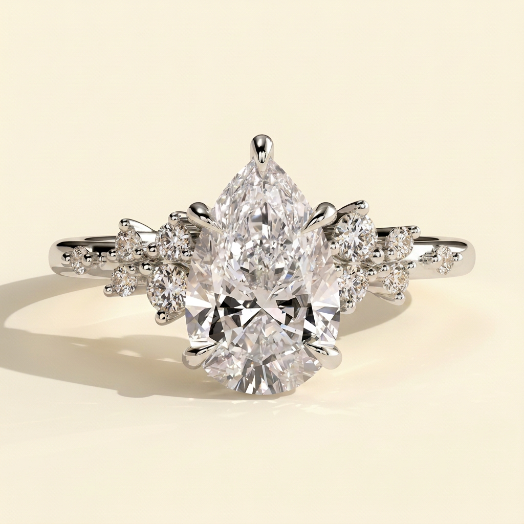 The Zivelle - Pear Cut Lab Grown Diamond Basket Set Solitaire with Clustered Round Shoulder Stones Engagement Ring