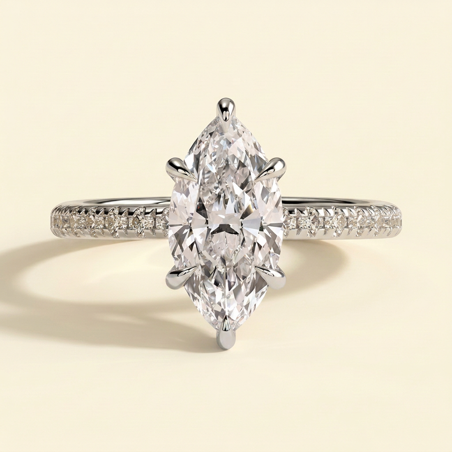 The Farelle - Marquise Cut Lab Grown Diamond Hidden Halo Solitaire with Pave Band Engagement Ring - White Gold