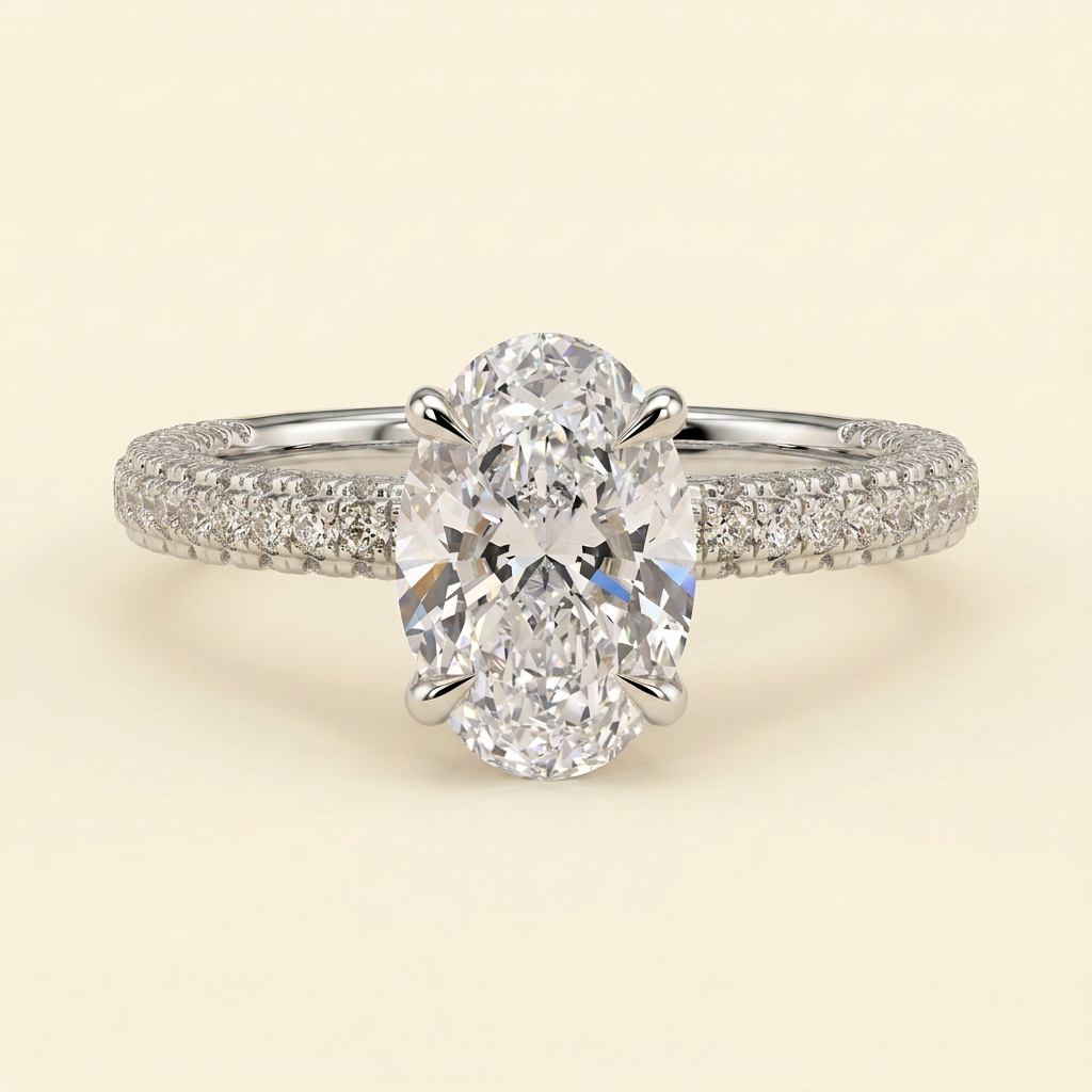 The Nella - Oval Cut Lab Grown Diamond Hidden Halo Solitaire with Triple Pave Band Engagement Ring