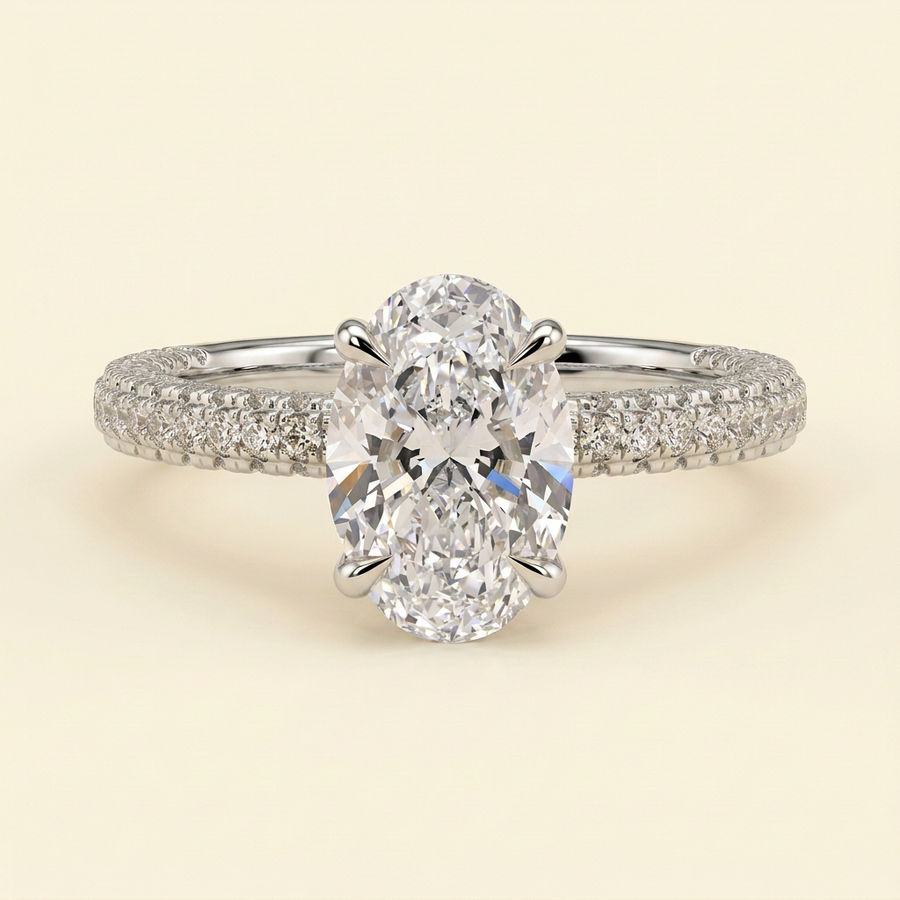 The Nella - Oval Cut Lab Grown Diamond Hidden Halo Solitaire with Triple Pave Band Engagement Ring - White Gold