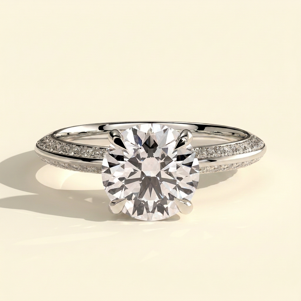 The Zaria - Round Cut Lab Grown Diamond Hidden Halo Solitaire with Knife Edge Pave Band Engagement Ring