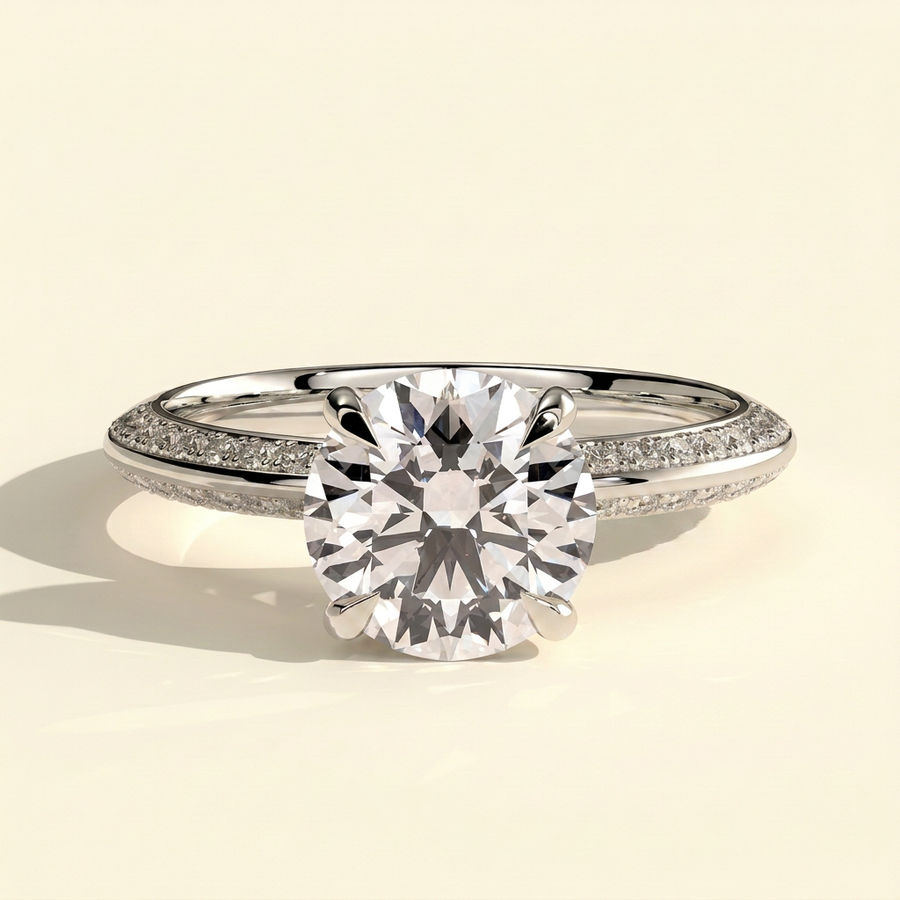 The Zaria - Round Cut Lab Grown Diamond Hidden Halo Solitaire with Knife Edge Pave Band Engagement Ring - White Gold