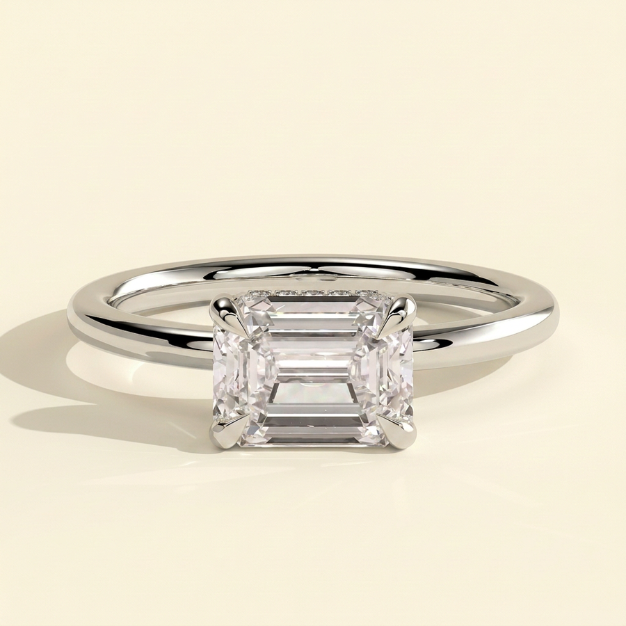 The Willa - Emerald Cut Lab Grown Diamond East West Solitaire with Hidden Halo Engagement Ring - White Gold