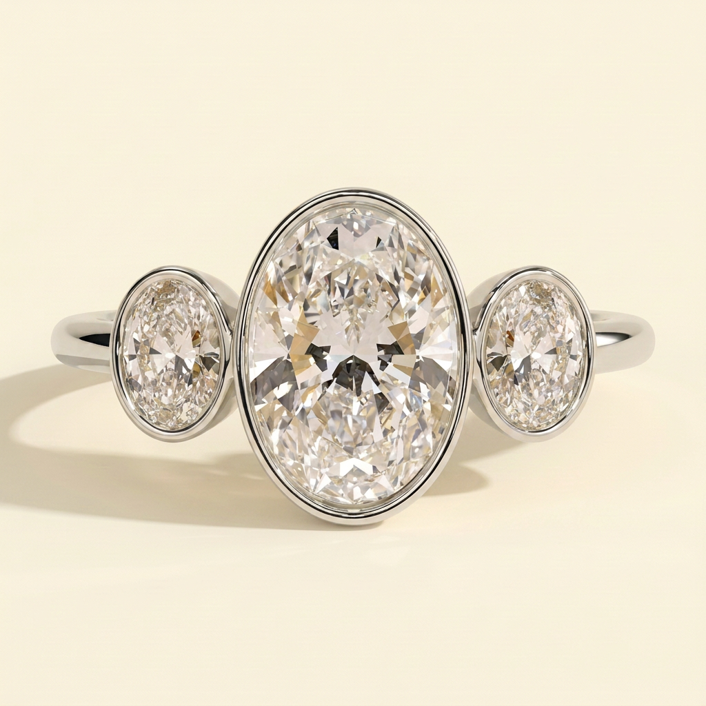 The Xiela - Oval Cut Lab Grown Diamond Three Stone Engagement Ring with Bezel Set Oval Side Stones