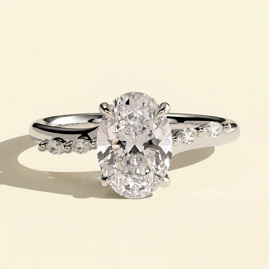 The Mirea - Oval Cut Lab Grown Diamond Hidden Halo Engagement Ring with Marquise Side Stones