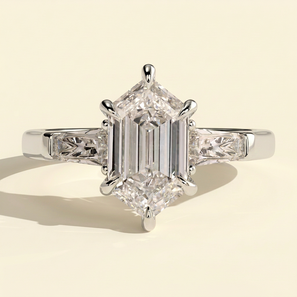 The Solara - Elongated Hexagon Cut Lab Grown Diamond Three Stone with Tapered Baguette Side Stones and Cathedral Setting Engagement Ring