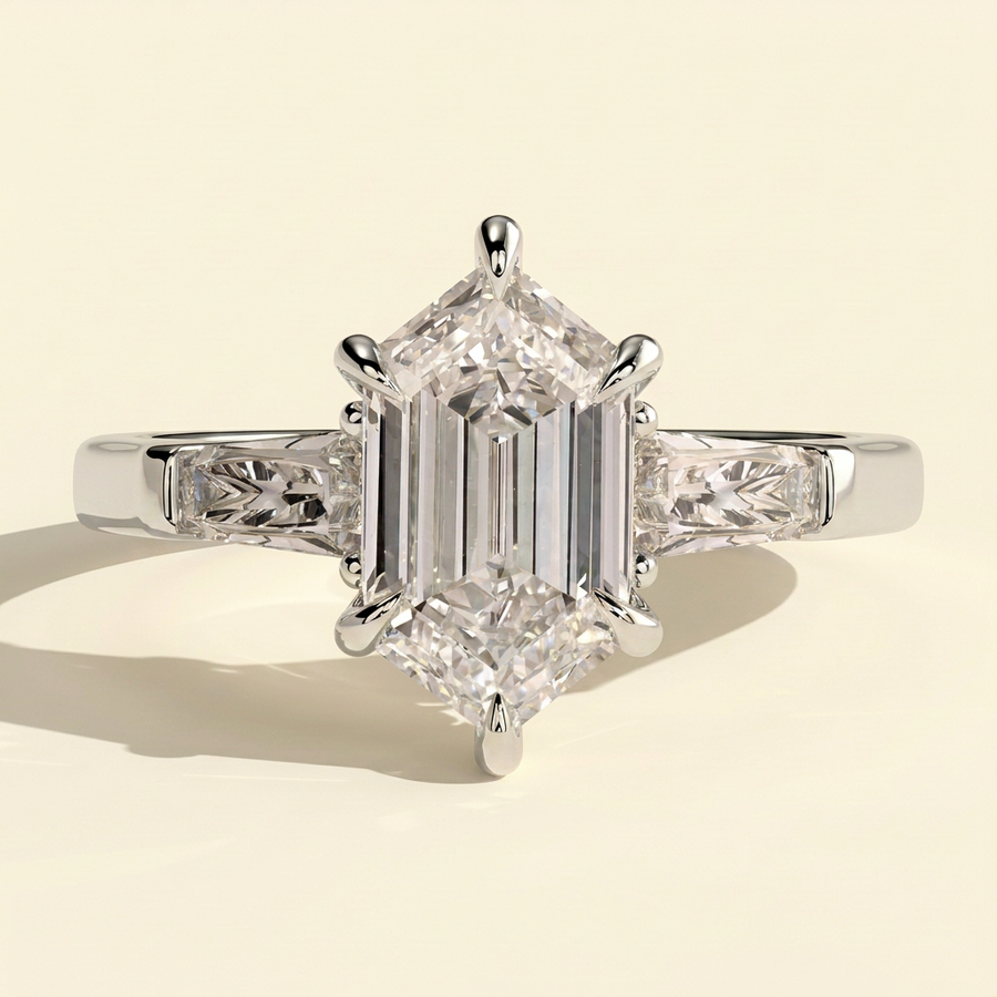 The Solara - Elongated Hexagon Cut Lab Grown Diamond Three Stone with Tapered Baguette Side Stones and Cathedral Setting Engagement Ring - White Gold