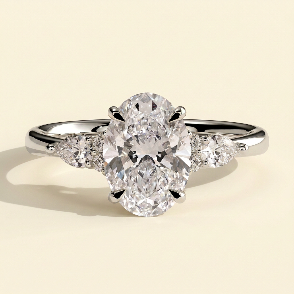 The Rialta - Oval Cut Lab Grown Diamond Three Stone Engagement Ring with Pear and Round Side Stones