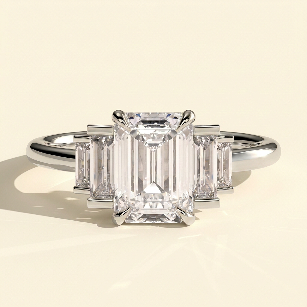 The Solene - Emerald Cut Lab Grown Diamond Solitaire with Graduating Baguette Shoulder Stones Engagement Ring