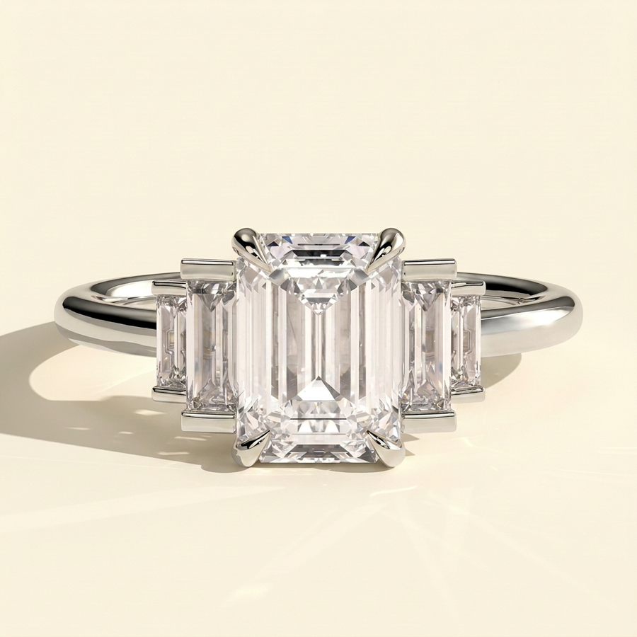 The Solene - Emerald Cut Lab Grown Diamond Solitaire with Graduating Baguette Shoulder Stones Engagement Ring - White Gold