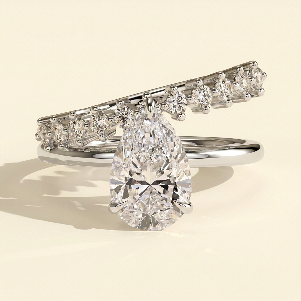 The Astera - Pear Cut Lab Grown Diamond Solitaire with Hidden Halo and Plain and Pave Double Band Engagement Ring