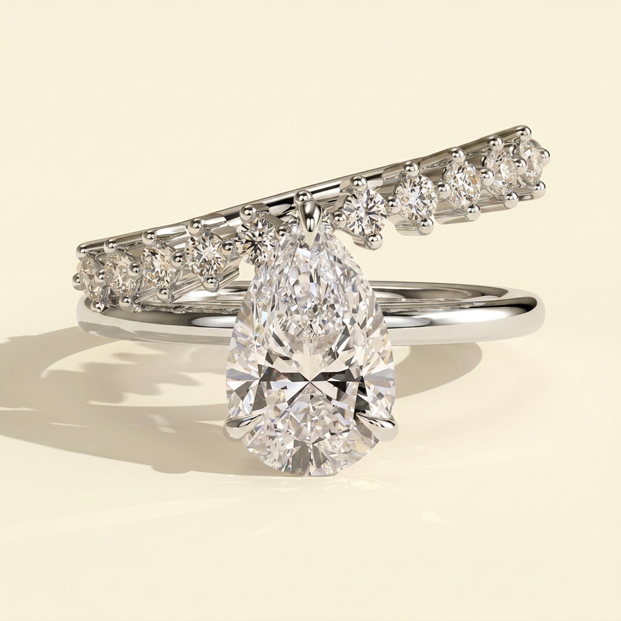 The Astera - Pear Cut Lab Grown Diamond Solitaire with Hidden Halo and Plain and Pave Double Band Engagement Ring - White Gold