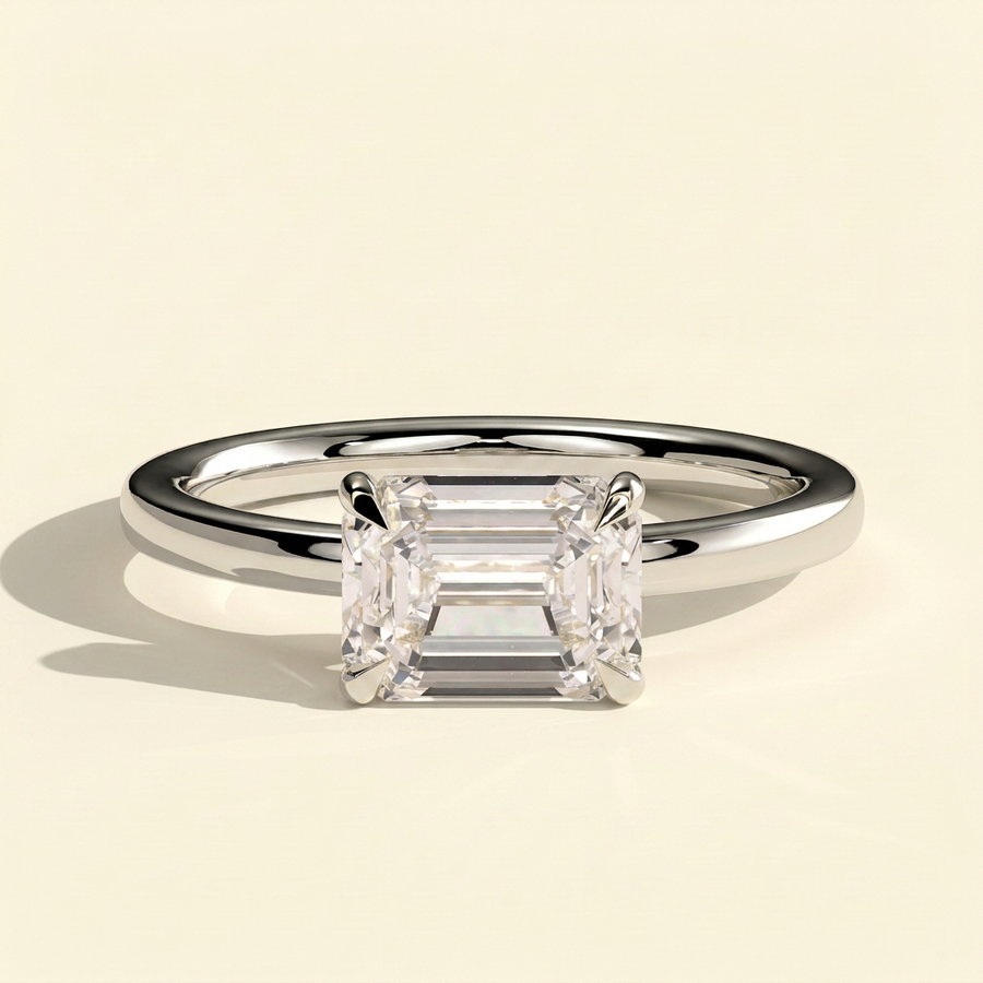 The Quila - Emerald Cut Lab Grown Diamond East West Solitaire Engagement Ring with Raised Basket - White Gold