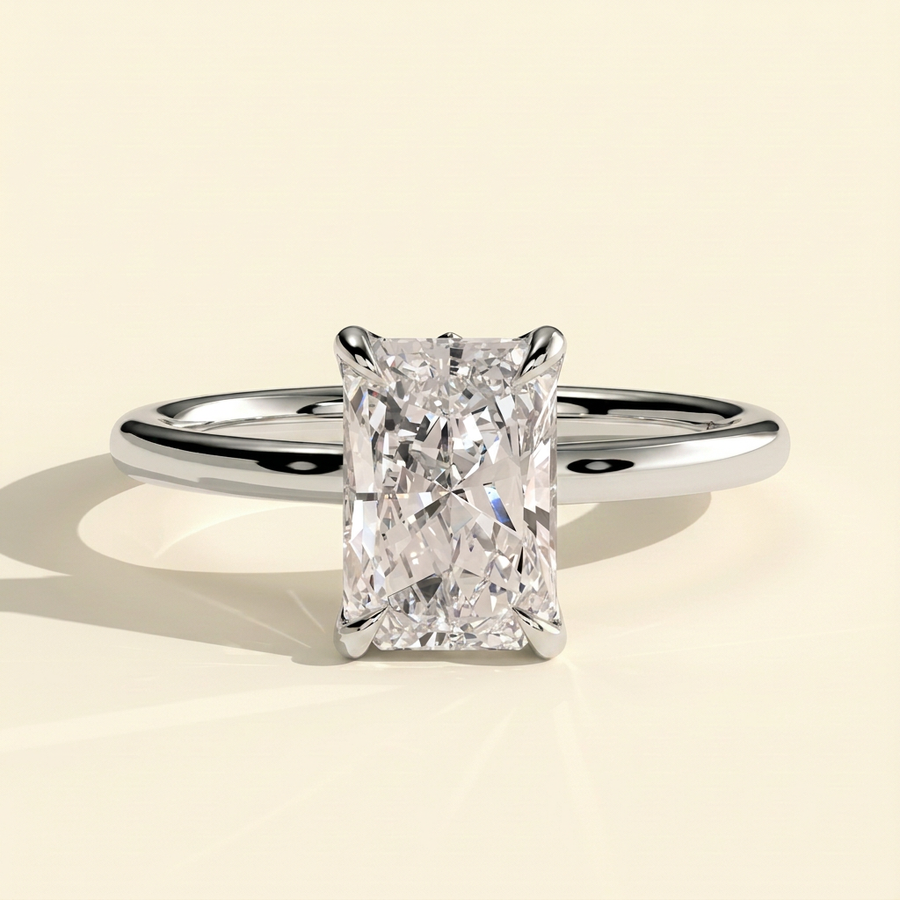 The Giada - Radiant Cut Lab Grown Diamond Claw Solitaire with Petal Gallery, Accent Leaf Detail and Cathedral Setting Engagement Ring - White Gold