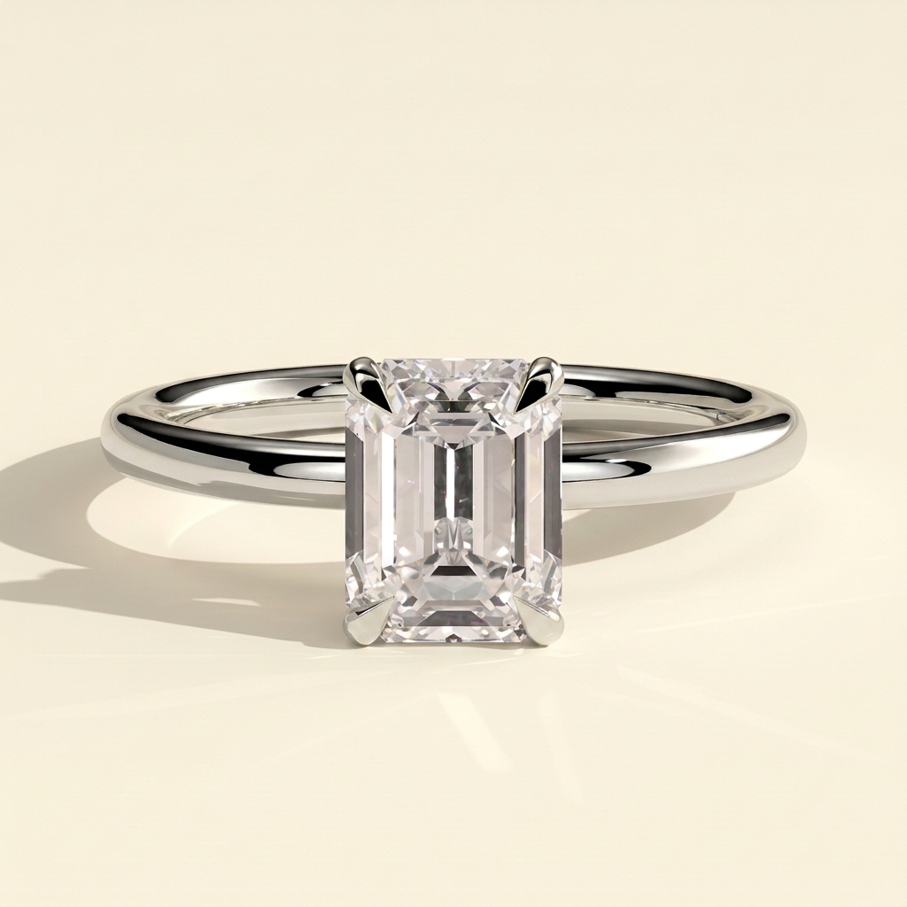 The Izara - Emerald Cut Lab Grown Diamond Four Claw Solitaire with Wrap Around Hidden Halo Engagement Ring