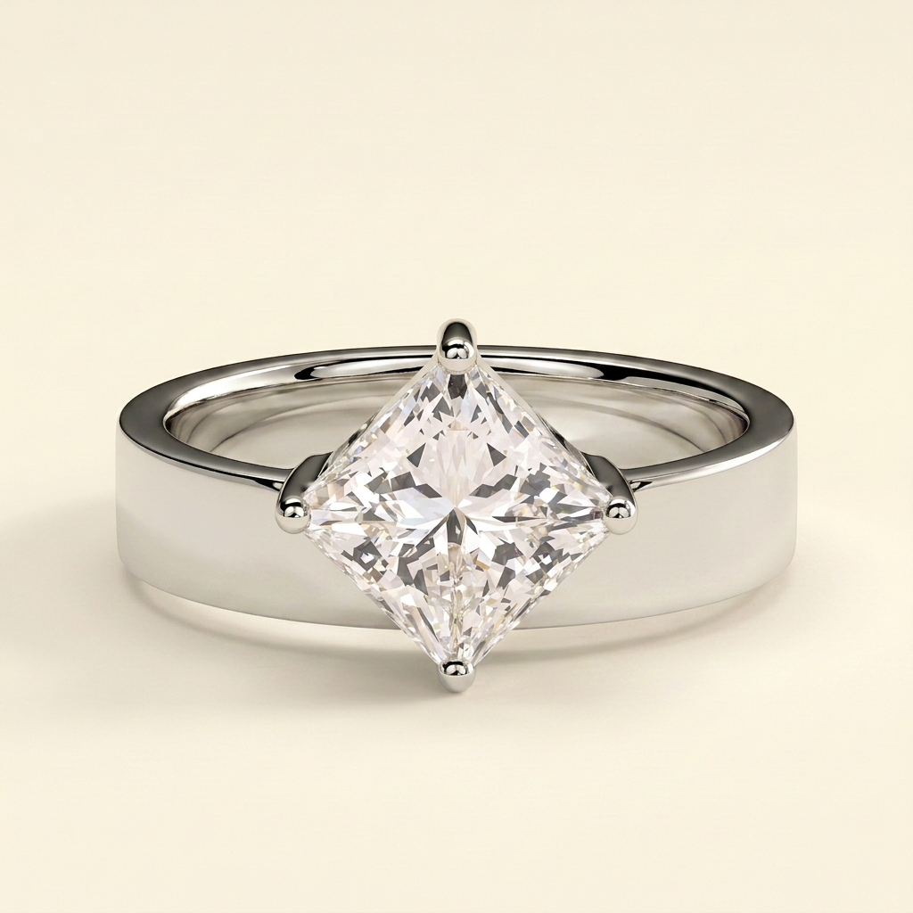 The Elodie - Princess Cut Lab Grown Diamond Solitaire Set on Point with Bold Cigar Band Engagement Ring