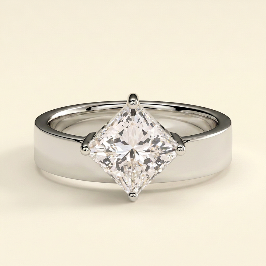 The Elodie - Princess Cut Lab Grown Diamond Solitaire Set on Point with Bold Cigar Band Engagement Ring - White Gold