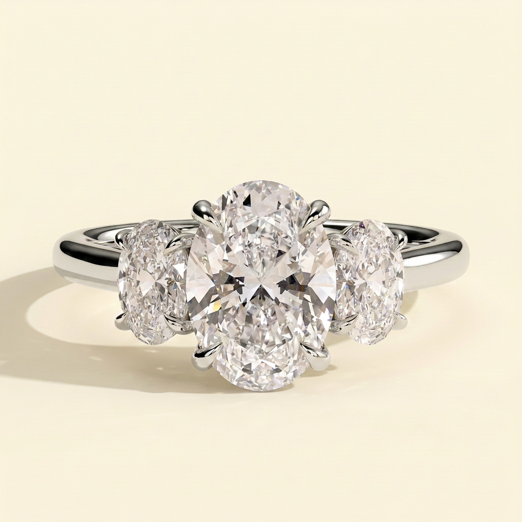 The Via - Oval Cut Lab Grown Diamond Three Stone Engagement Ring with Matching Oval Side Stones