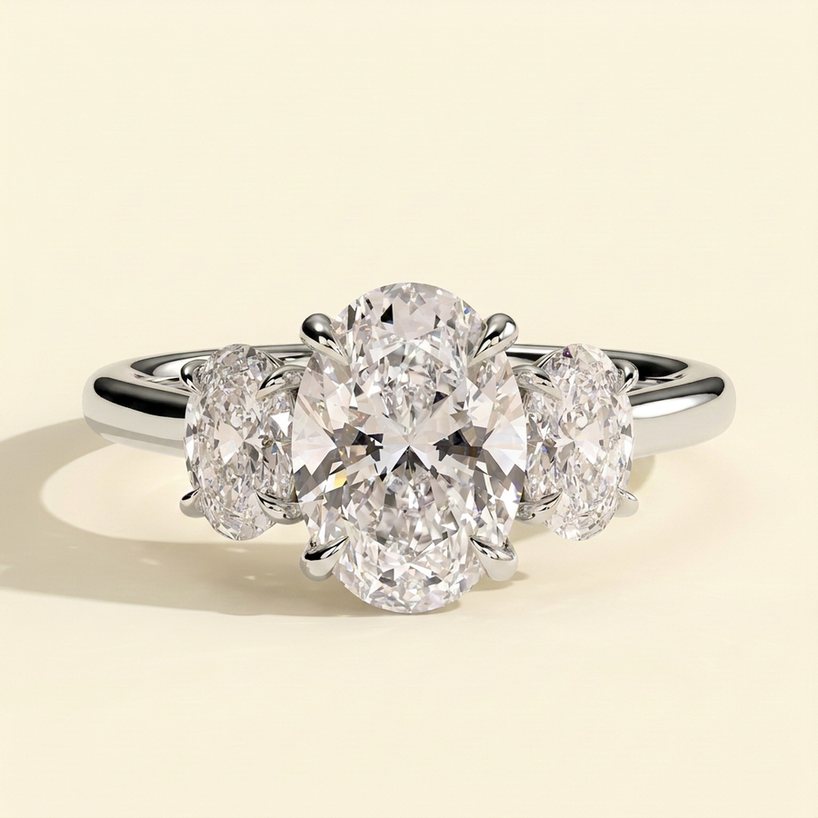 The Via - Oval Cut Lab Grown Diamond Three Stone Engagement Ring with Matching Oval Side Stones - White Gold