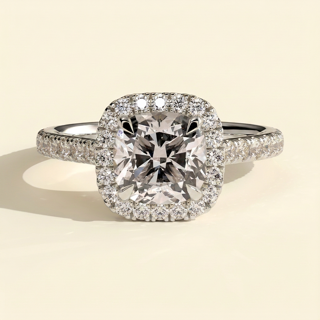 The Soleia - Cushion Cut Lab Grown Diamond Halo with Pave Band and Cathedral Setting Engagement Ring