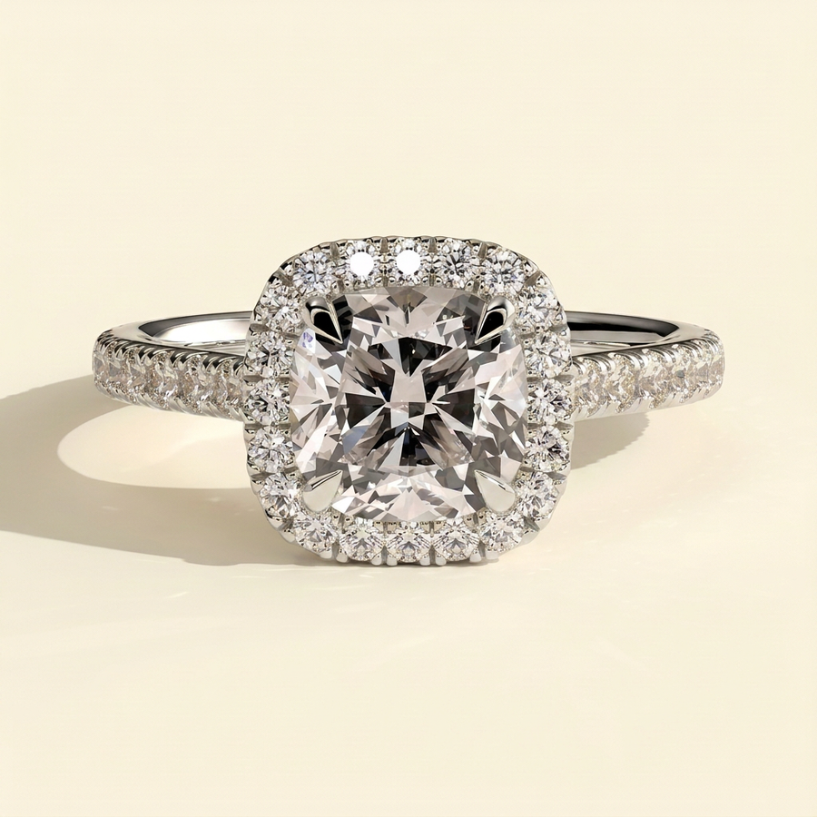 The Soleia - Cushion Cut Lab Grown Diamond Halo with Pave Band and Cathedral Setting Engagement Ring - White Gold
