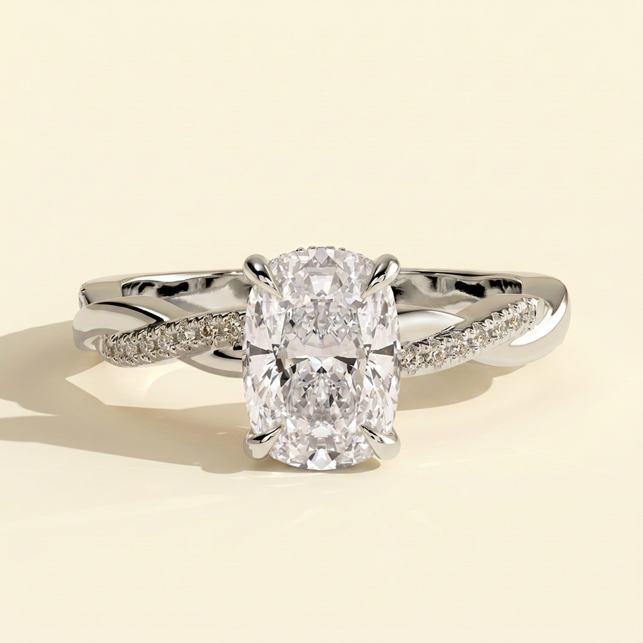 The Orella - Elongated Cushion Cut Lab Grown Diamond Hidden Halo Solitaire with Twisted Alternating Pave Band Engagement Ring - White Gold