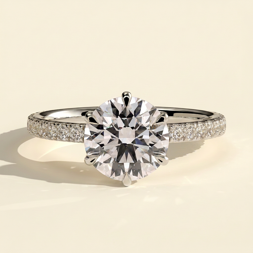 The Jolie - Round Cut Lab Grown Diamond Six Claw Solitaire with Crown Gallery and Pave Band Engagement Ring