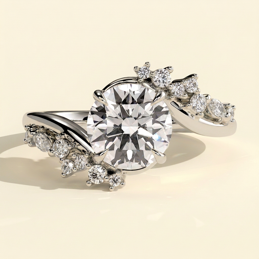 The Selene - Round Cut Lab Grown Diamond Vine Inspired Bypass Solitaire with Clustered Accent Stones Engagement Ring - White Gold