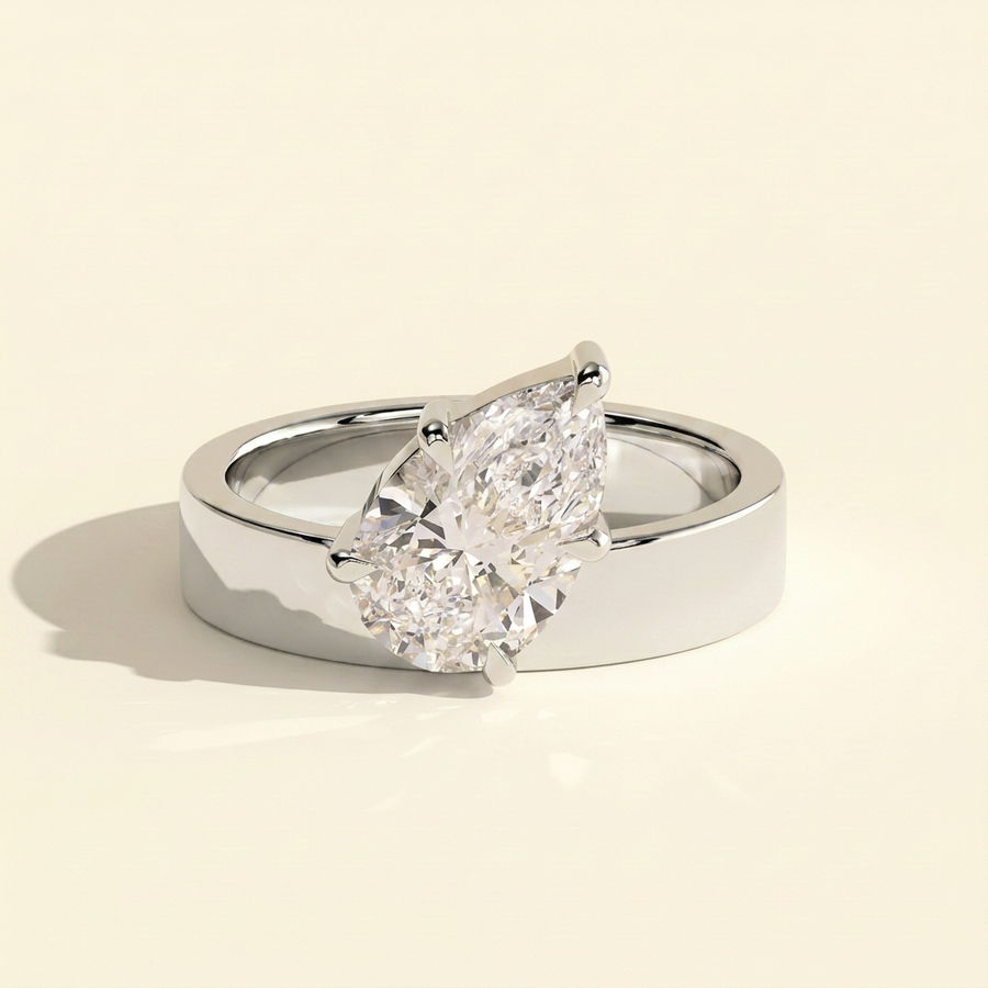 The Carina - Pear Cut Lab Grown Diamond Offset Angled Solitaire with Flat Cigar Band Engagement Ring - White Gold