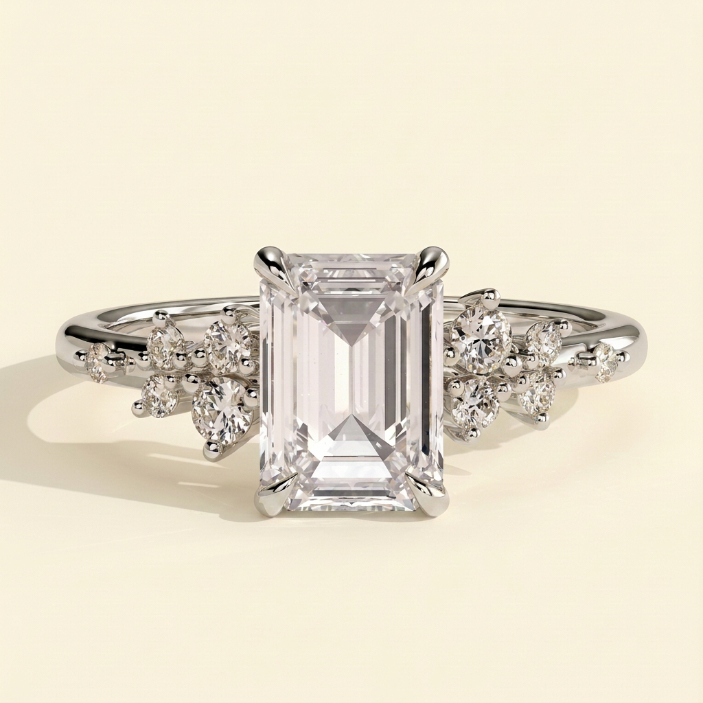 The Jemma - Emerald Cut Lab Grown Diamond Four Claw Solitaire with Clustered Round Shoulder Stones Engagement Ring