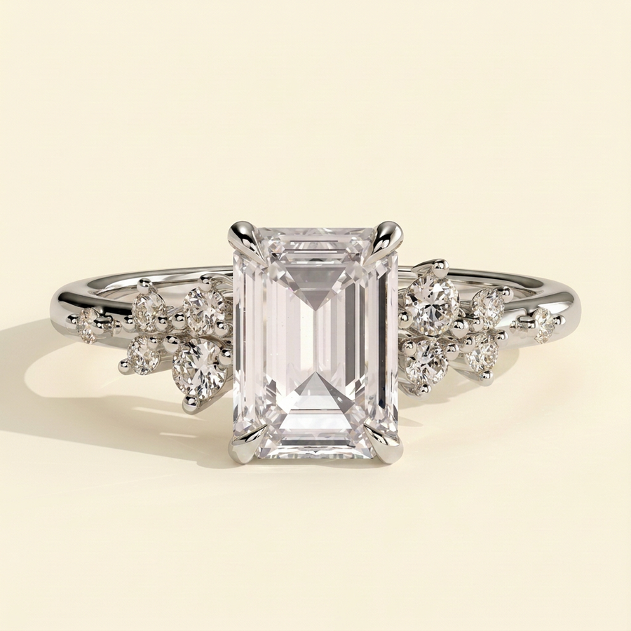 The Jemma - Emerald Cut Lab Grown Diamond Four Claw Solitaire with Clustered Round Shoulder Stones Engagement Ring - White Gold