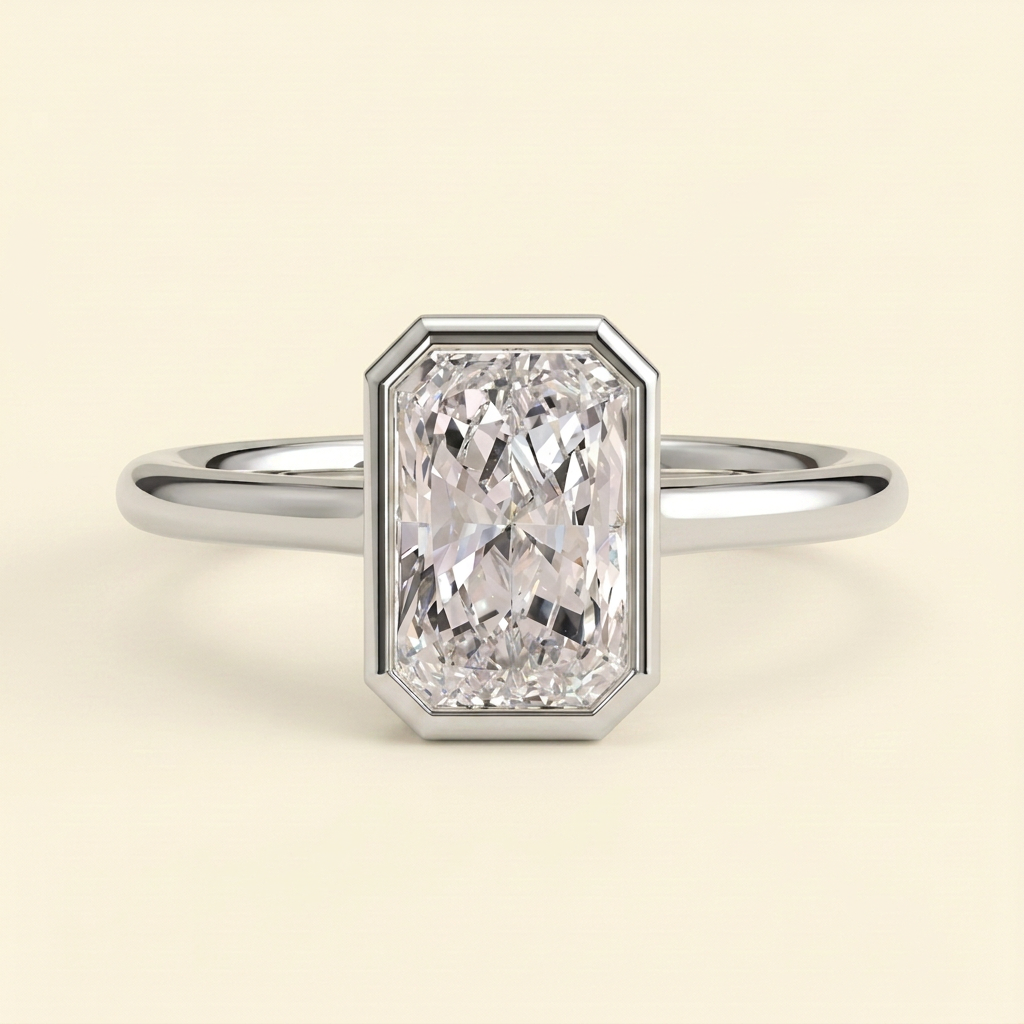 The Kalina - Radiant Cut Lab Grown Diamond Bezel Set Solitaire with Open Cathedral Setting Engagement Ring