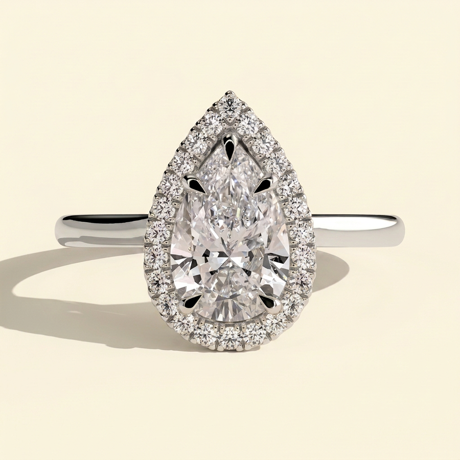 The Eleria - Pear Cut Lab Grown Diamond Five Claw Halo Engagement Ring with Cathedral High Setting - White Gold
