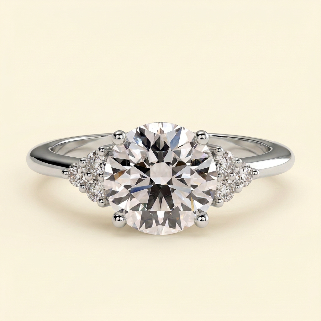 The Gioia - Round Cut Lab Grown Diamond Solitaire Engagement Ring with Round Shoulder Stones