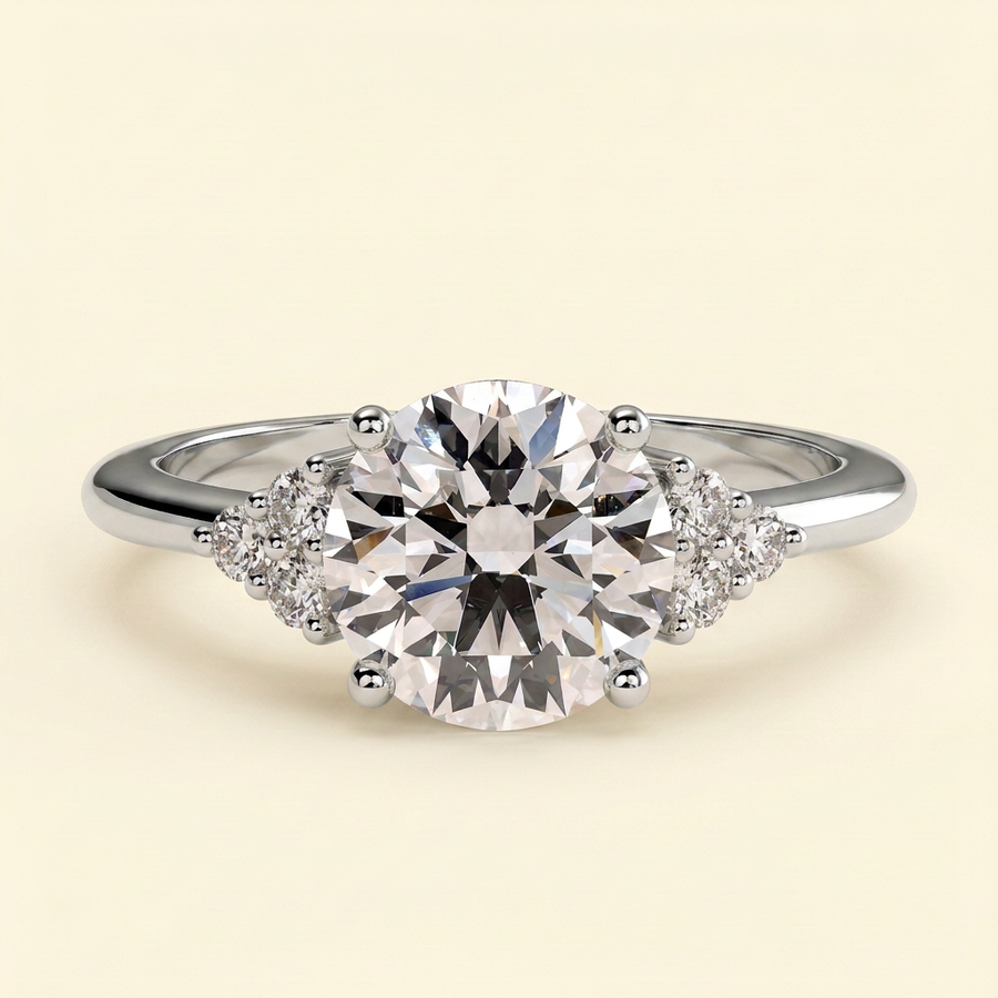 The Gioia - Round Cut Lab Grown Diamond Solitaire Engagement Ring with Round Shoulder Stones - White Gold