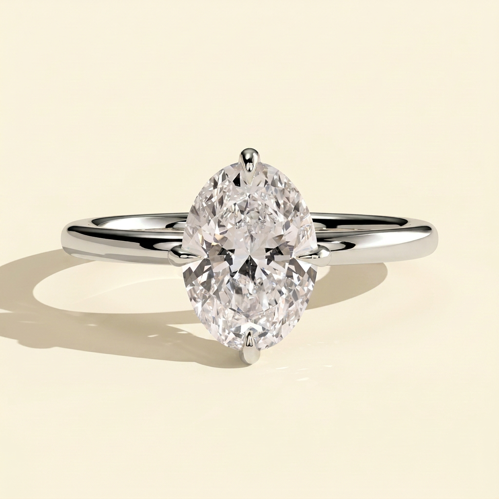 The Joelle - Oval Cut Lab Grown Diamond Compass Set Claw Solitaire with Hidden Halo Engagement Ring