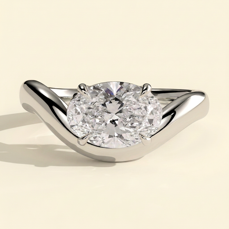 The Rhea - Oval Cut Lab Grown Diamond East West Solitaire Engagement Ring with Wave Band - White Gold