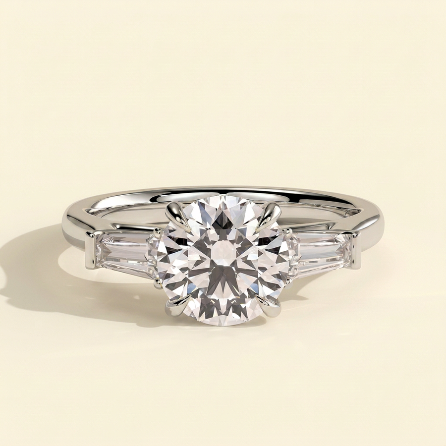 The Serena - Round Cut Lab Grown Diamond Three Stone with Tapered Baguette Side Stones and Cathedral Setting Engagement Ring - White Gold