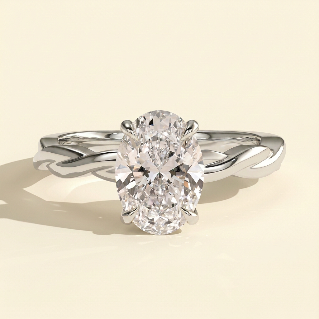 The Quiara - Oval Cut Lab Grown Diamond Hidden Halo Solitaire with Twisted Band Engagement Ring
